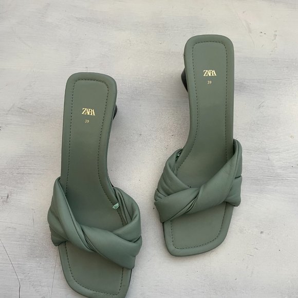 Zara Women's Slip On Sandals Knotted Leather Square Toe Heels in Green Sz 39 - Picture 3 of 8